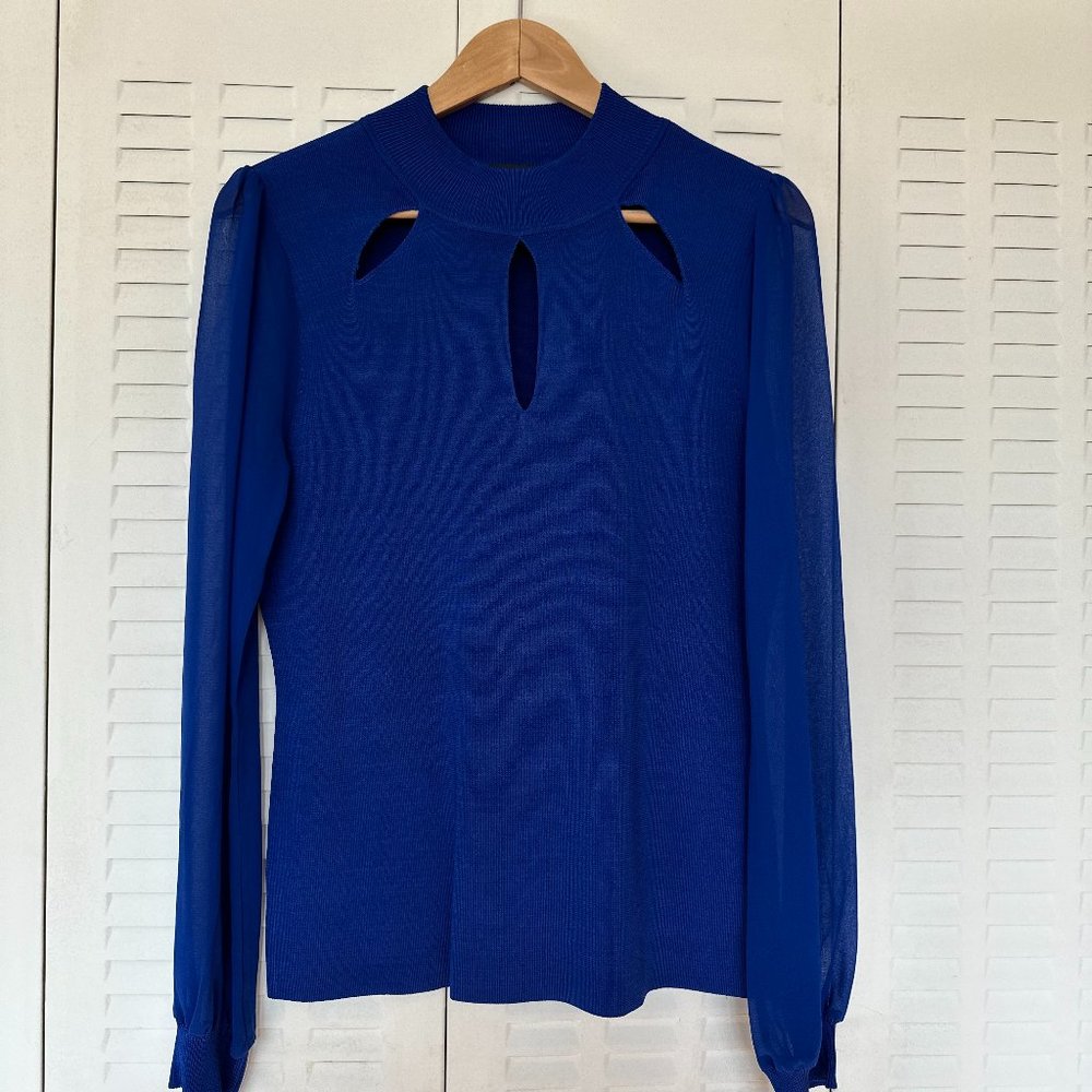 INC International Concepts Blue Cutout Sheer-Sleeve Sweater (L)